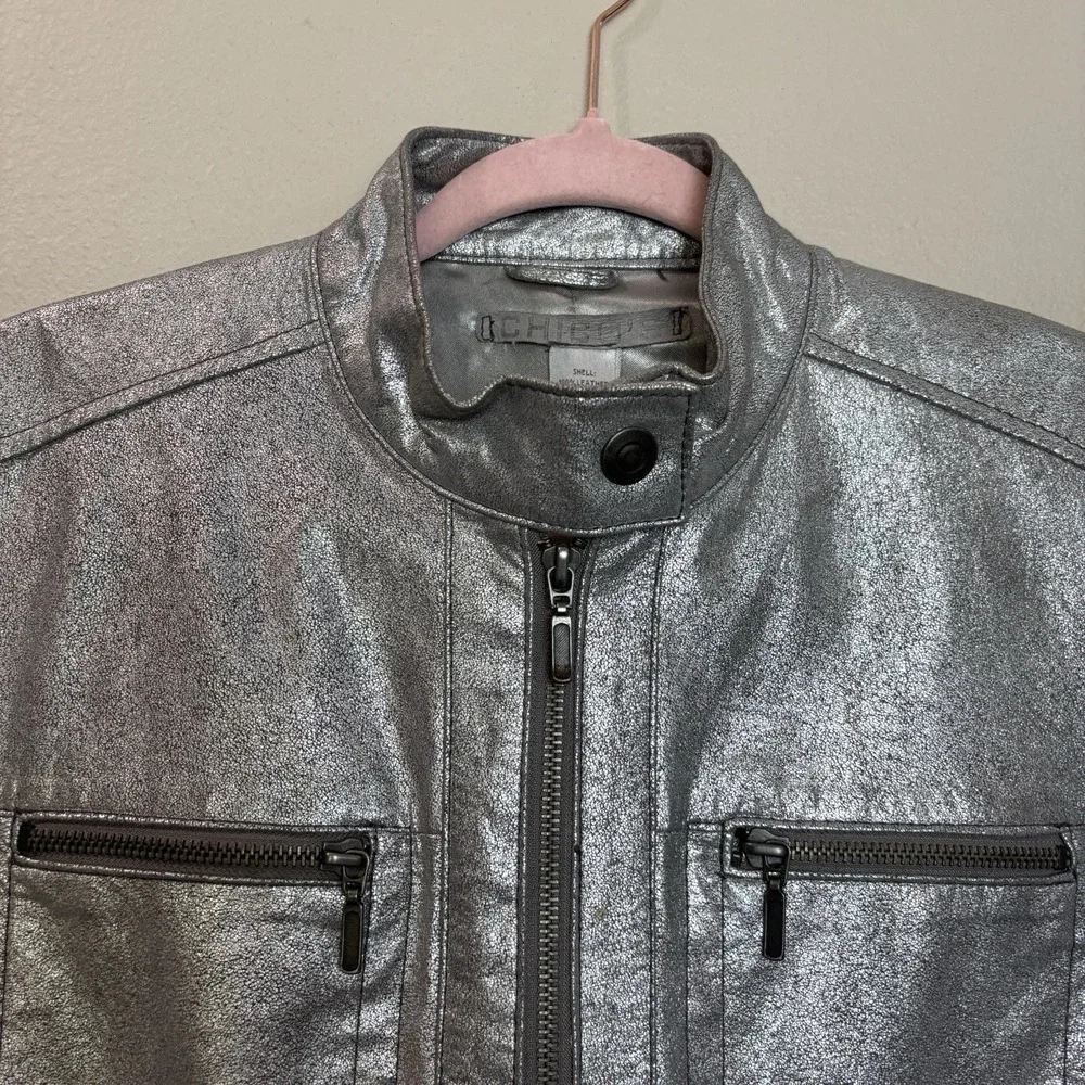Chico's Lavish Luster Metallic Silver Leather Motorcycle‎ Jacket Sz 1 Medium Y2K